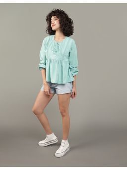 American Eagle - Women Green Tie-Front Long-Sleeve Peasant Crop Top