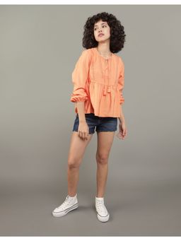 American Eagle - Women Orange Tie-Front Long-Sleeve Peasant Crop Top