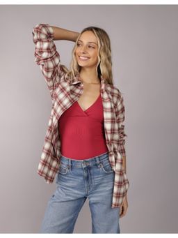 American Eagle - Women Pink Oversized Plaid Flannel Shirt