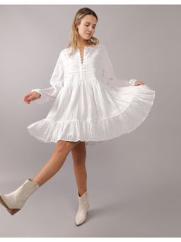American Eagle - Women White Long-Sleeve Flowy Babydoll Mini Dress