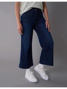 American Eagle - Women Navy Blue Stretch Ripped Super High-Waisted Baggy Wide-Leg Crop Jeans