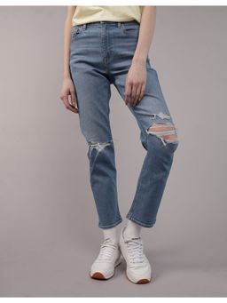 American Eagle - Women Blue Stretch Ripped Super High-Waisted Ankle Straight Jeans