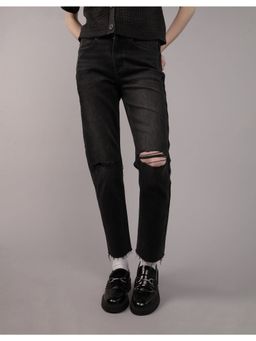 American Eagle - Women Black Stretch Ripped Super High-Waisted Ankle Straight Jeans