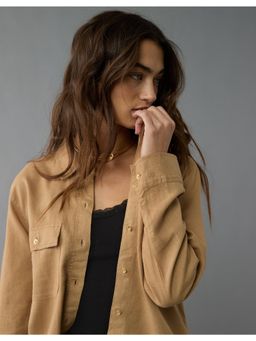 American Eagle - Women Brown Weekend Vibes Linen-Blend Long-Sleeve Button-Up Shirt