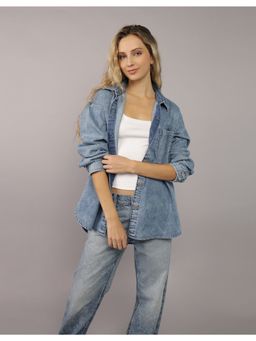 American Eagle - Women Blue Long-Sleeve Button-Up Denim Shirt