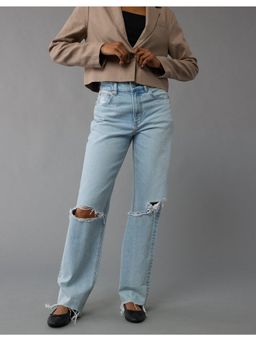 American Eagle - Women Blue Strigid Ripped Super High-Waisted Baggy Straight Jeans