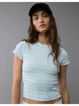 American Eagle - Women Blue Smocked Hey Baby T-shirt