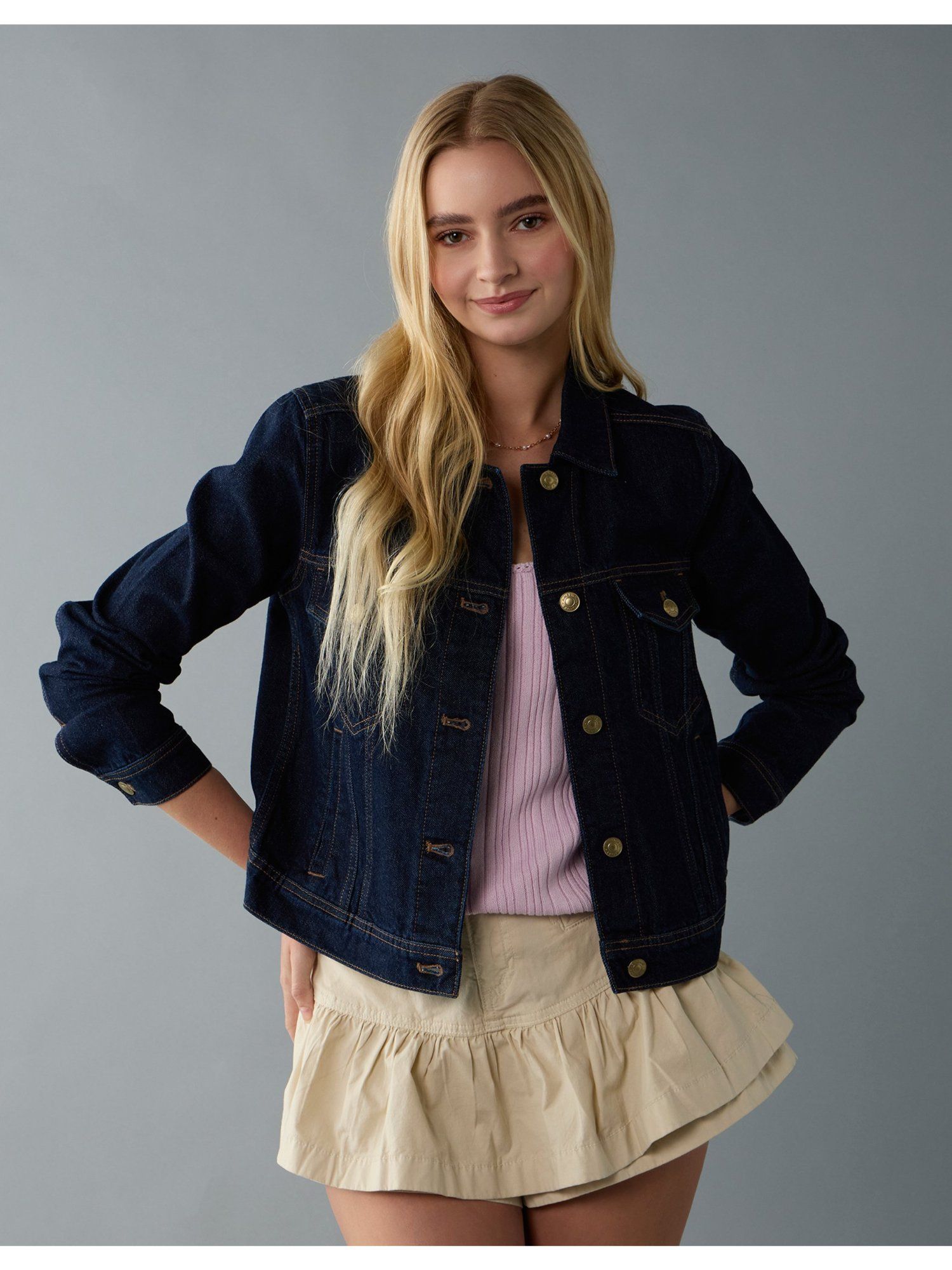 american eagle Women Navy Blue Classic Denim Jacket-picture-17