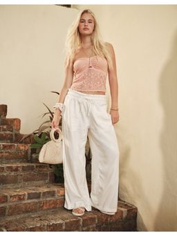 American Eagle - Women White Dreamy Drape Linen-Blend Pull-On Pant