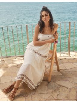 American Eagle - Women Cream Empire Waist Embroidered Midi Dress