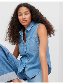 American Eagle - Women Blue Sleeveless Denim Button-Up Shirt