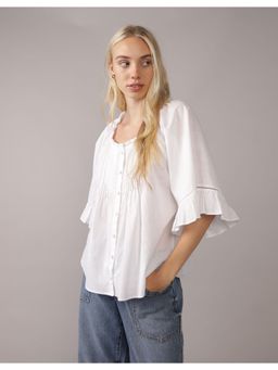 American Eagle - Women White Linen-Blend Ruffle Blouse