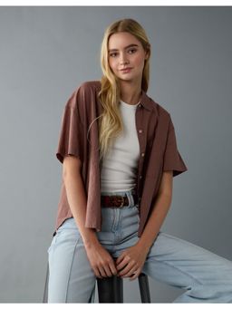 American Eagle - Women Brown Linen-Blend Button-Up Shirt