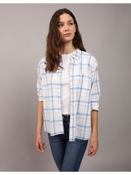 American Eagle - Women Cotton Checks Collar Neck Regular Fit White Shirt