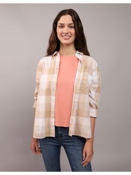 American Eagle - Women Cotton Checks Collar Neck Regular Fit Beige Shirt