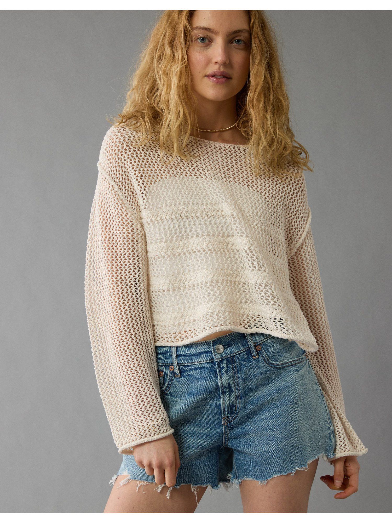 american eagle Women's Cream Cropped Crochet Sweater-picture-11