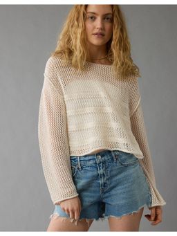American Eagle - Women's Cream Cropped Crochet Sweater