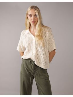 American Eagle - Women Cream Self Design Collared Shirt