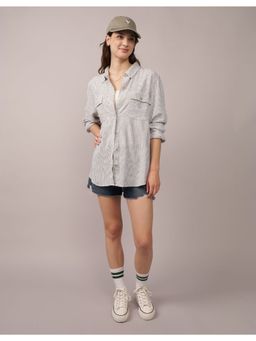 American Eagle - Women White Weekend Vibes Linen-Blend Long-Sleeve Button-Up Shirt