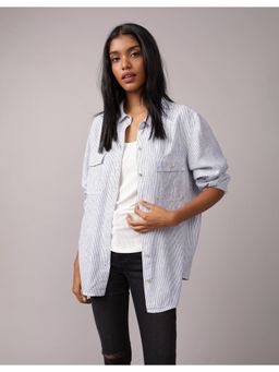 American Eagle - Women Blue Weekend Vibes Linen-Blend Shirt