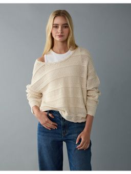 American Eagle - Women Cream Cropped Crochet Sweater