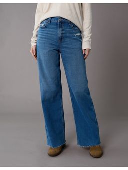 American Eagle - Women Blue Stretch Super High-Waist Baggy Wide-Leg Jeans