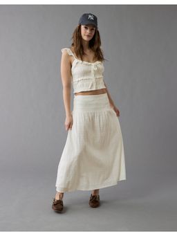 American Eagle - Women White High-Waist Smocked Midi Skirt