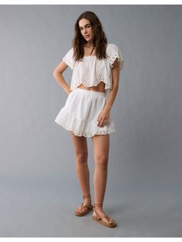 American Eagle - Women White High-Waist Embroidered Eyelet Mini Skirt