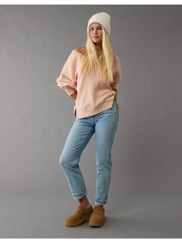 American Eagle - Women Light Pink Big Hug V-Neck Waffle Sweatshirt
