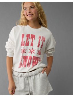 American Eagle - Women White Holiday Relaxed Crew Neck Sweatshirt