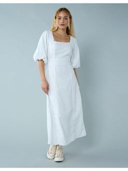 American Eagle - Women White Puff Sleeve Tie Back Midi Dress