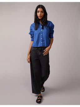 American Eagle - Women Blue Cropped Button-Up Shirt