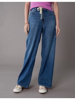 American Eagle - Women Blue Drapey Stretch Super High-Waisted Baggy Wide-Leg Jeans