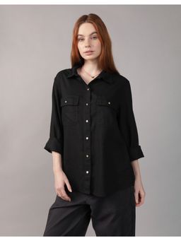 American Eagle - Women Black Long-Sleeve Button-Up Shirt
