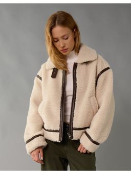 American Eagle - Women Beige Cropped Corduroy Bomber Jacket