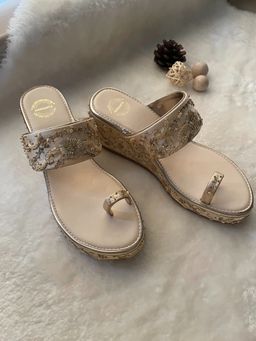 Modanta - Satin Gold Embroidered Wedges