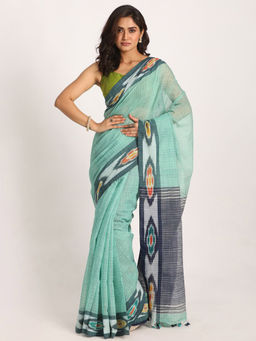 Angoshobha - Kotki Border Turquoise Cotton Blended Handloom Saree with Unstitched Blouse