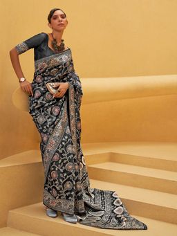 Akhilam - Womens Silk Blend Charcoal Grey Woven Design Designer Saree with Unstitched Blouse