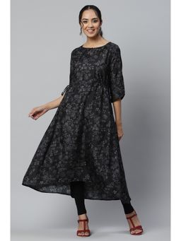 Aurelia - Black Floral Printed Kuchai Silk Kurta