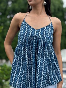 DEASHA INDIA - Blue Cotton Sleeveless Geometric Printed Short Kurti