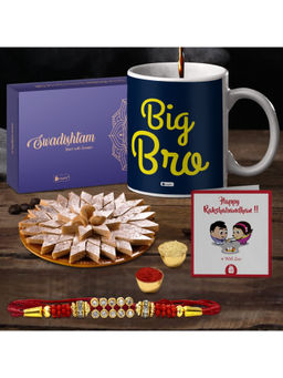 Indigifts - Printed Coffee Mug 330 ml, Kaju Katli, Rudraksha Rakhi, Roli & Greeting Card