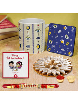 Indigifts - Rakhi Gift For Brother Mug, Coaster, Kaju Katli, Rakhi, Roli With Card