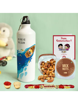 Indigifts - Rakhi Gift Hamper For Brother Bottle, Dry Fruits, Rakhi, Roli With Card