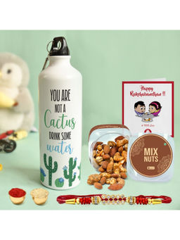 Indigifts - Gift Hamper For Raksha Bandhan Bottle, Dry Fruits, Rakhi, Roli With Card