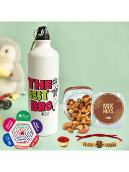 Indigifts - Rakhi Gift The Best Bro Printed Bottle, Dry Fruits, Rakhi, Roli With Card