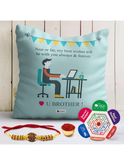 Indigifts - Rakhi Gifts Cushion Cover with Filler, 1 Rudraksha Rakhi, Roli, Greeting Card