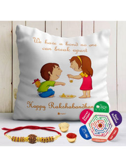 Indigifts - Cushion Cover with Filler 1 Rudraksha Rakhi, Roli, Greeting Card