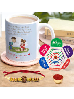 Indigifts - Gift Set of 330 ml Mug, Crystal Rakhi, Roli & Greeting Card