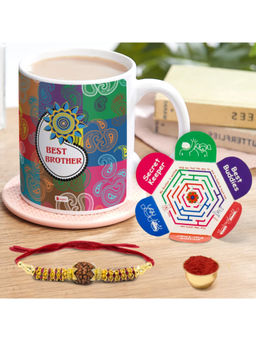 Indigifts - Bro Quote Printed Gift Set of Mug, Crystal Rakhi, Roli & Greeting Card