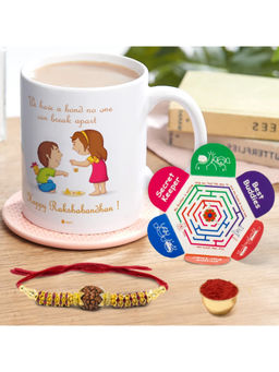 Indigifts - Gift for Brother Coffee Mug, Rudraksha Rakhi, Roli & Greeting Card